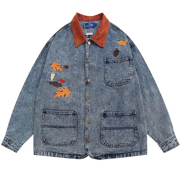 VILZSTUDIOS Embroidered denim jacket with autumn leaves design