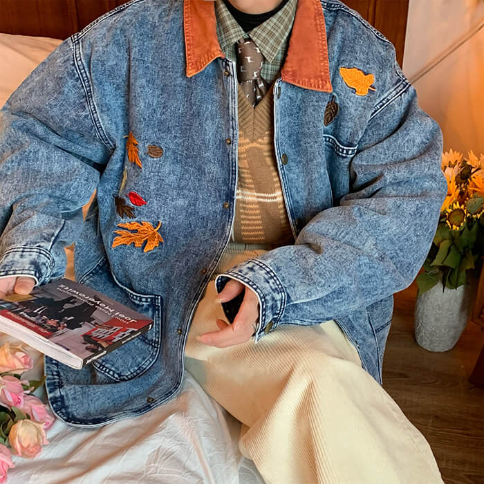 VILZSTUDIOS Embroidered denim jacket with autumn leaves design