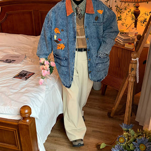 VILZSTUDIOS Embroidered denim jacket with autumn leaves design