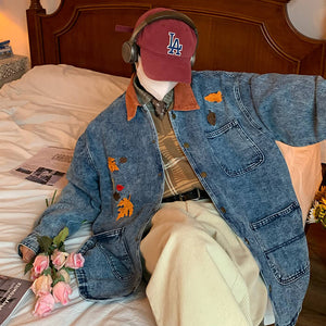 VILZSTUDIOS Embroidered denim jacket with autumn leaves design