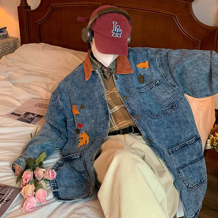 VILZSTUDIOS Embroidered denim jacket with autumn leaves design