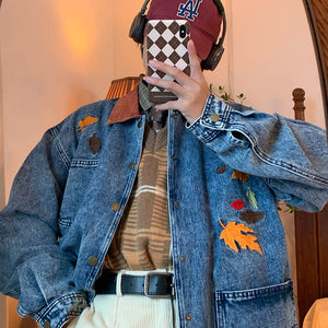 VILZSTUDIOS Embroidered denim jacket with autumn leaves design