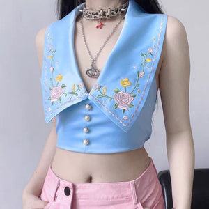 VILZSTUDIOS Embroidered satin vest with floral design