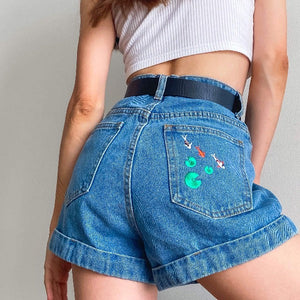 VILZSTUDIOS Koi fish embroidered denim shorts for trendy fashion