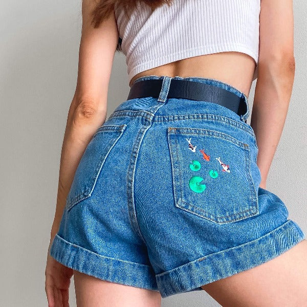 VILZSTUDIOS Koi fish embroidered denim shorts for trendy fashion