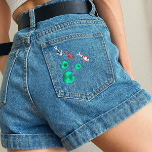 VILZSTUDIOS Koi fish embroidered denim shorts for trendy fashion