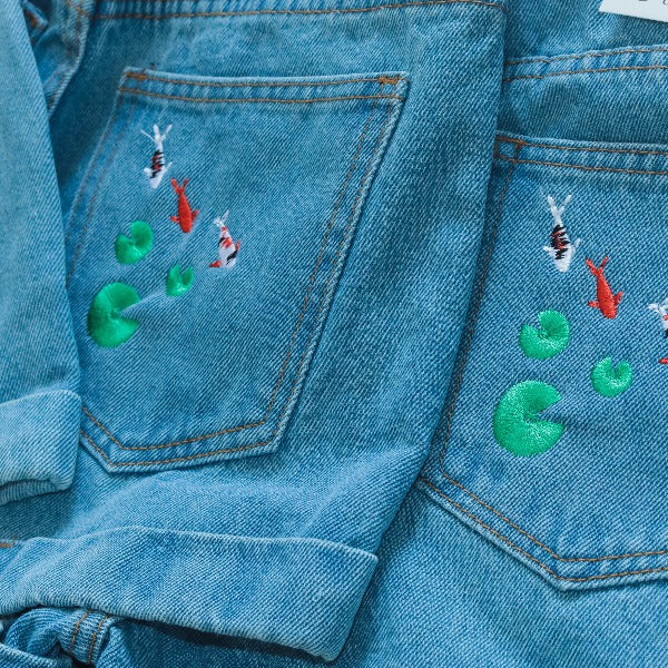 VILZSTUDIOS Koi fish embroidered denim shorts for trendy fashion