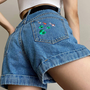 VILZSTUDIOS Koi fish embroidered denim shorts for trendy fashion