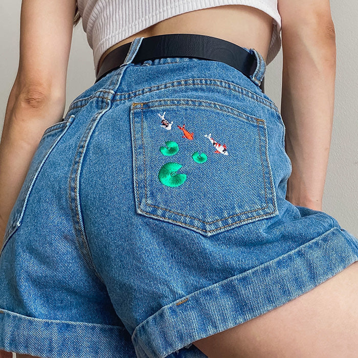 VILZSTUDIOS Koi fish embroidered denim shorts for trendy fashion