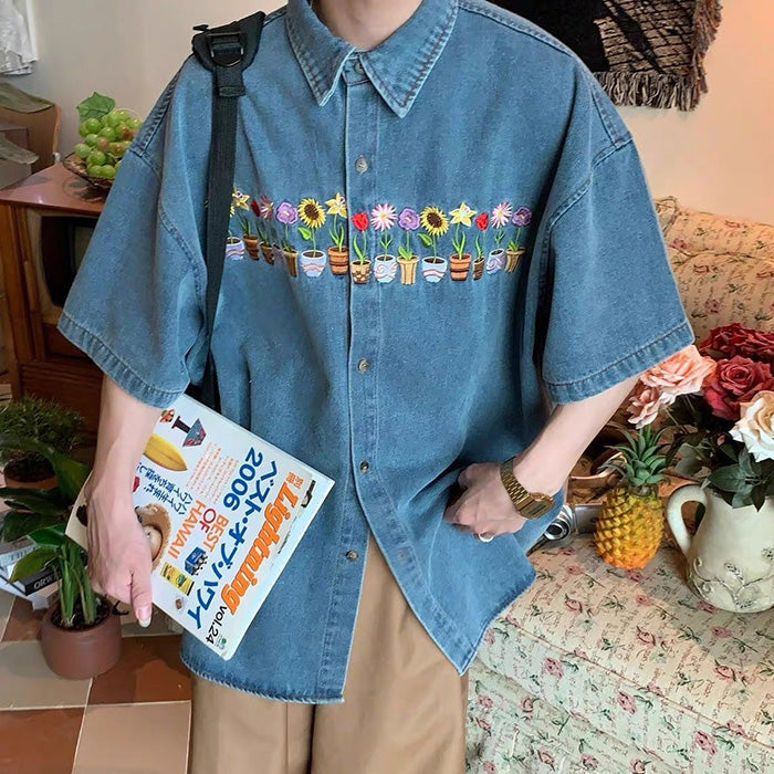 VILZSTUDIOS Embroidered denim shirt featuring plant and pot designs