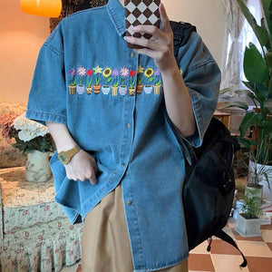 VILZSTUDIOS Embroidered denim shirt featuring plant and pot designs