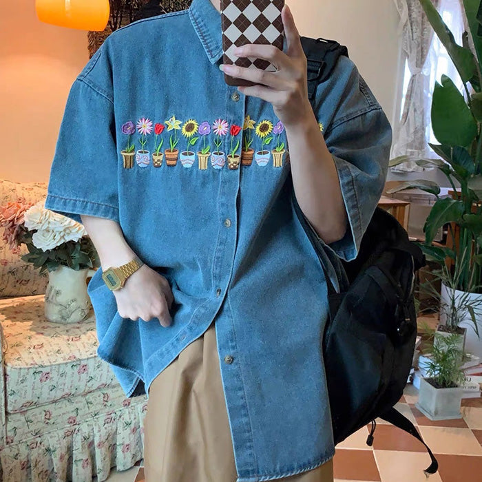 VILZSTUDIOS Embroidered denim shirt featuring plant and pot designs