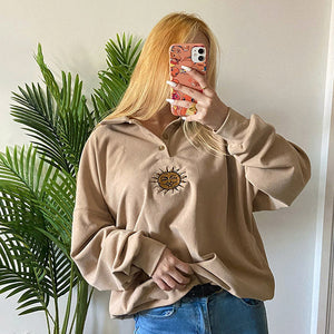 VILZSTUDIOS Embroidered sun design button up sweatshirt for stylish streetwear