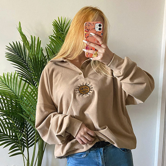 VILZSTUDIOS Embroidered sun design button up sweatshirt for stylish streetwear