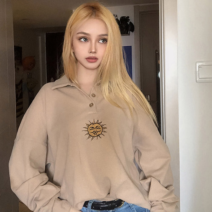 VILZSTUDIOS Embroidered sun design button up sweatshirt for stylish streetwear