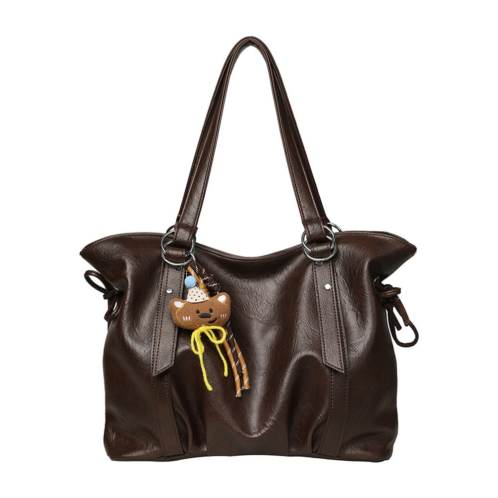 VILZSTUDIOS soft faux leather slouchy tote bag with embroidery charm