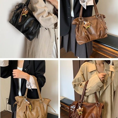 VILZSTUDIOS soft faux leather slouchy tote bag with embroidery charm