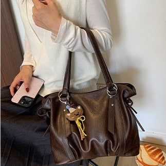VILZSTUDIOS soft faux leather slouchy tote bag with embroidery charm
