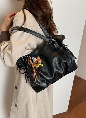 VILZSTUDIOS soft faux leather slouchy tote bag with embroidery charm