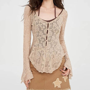 VILZSTUDIOS Ethereal lace flare sleeve top for women