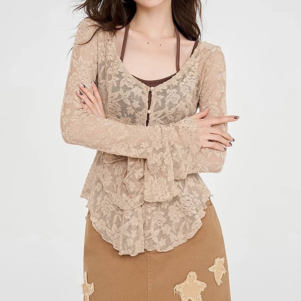 VILZSTUDIOS Ethereal lace flare sleeve top for women
