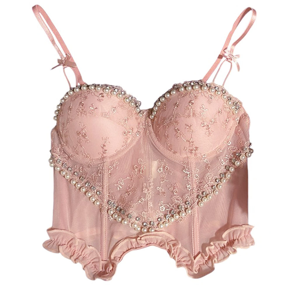 VILZSTUDIOS Ethereal sheer lace corset top with floral embroidery and pearl embellishments