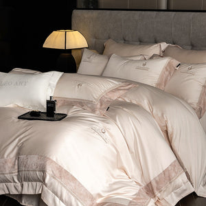 VILZSTUDIOS Blush pink, ivory cream and light gray satin bedding set with eyelet lace borders and embroidered crests