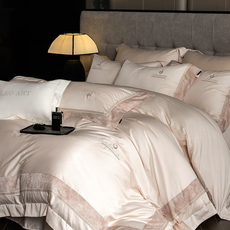 VILZSTUDIOS Blush pink, ivory cream and light gray satin bedding set with eyelet lace borders and embroidered crests