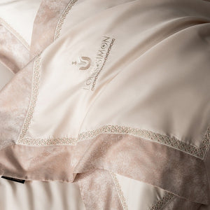 VILZSTUDIOS Blush pink, ivory cream and light gray satin bedding set with eyelet lace borders and embroidered crests