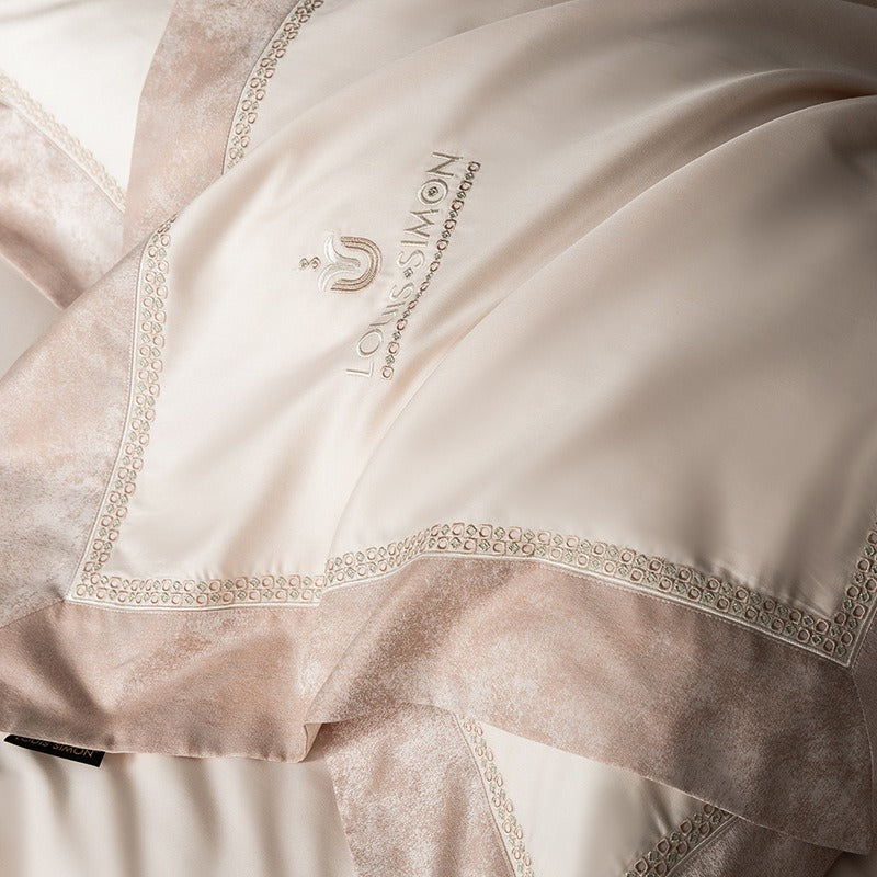 VILZSTUDIOS Blush pink, ivory cream and light gray satin bedding set with eyelet lace borders and embroidered crests