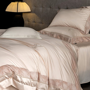 VILZSTUDIOS Blush pink, ivory cream and light gray satin bedding set with eyelet lace borders and embroidered crests