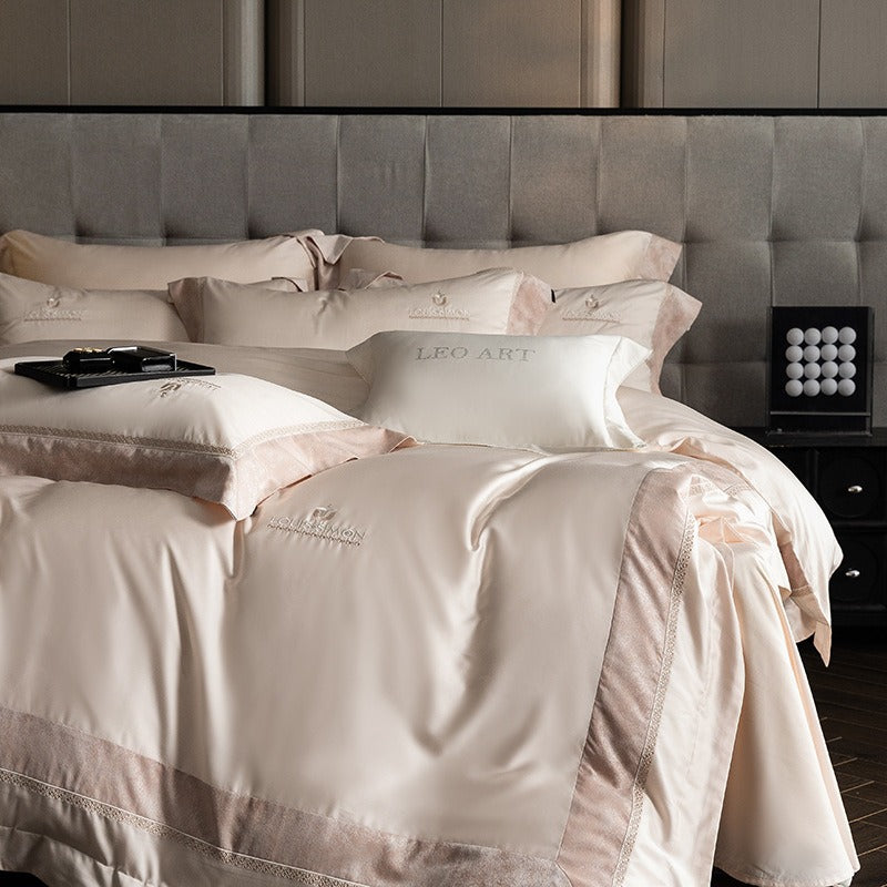 VILZSTUDIOS Blush pink, ivory cream and light gray satin bedding set with eyelet lace borders and embroidered crests
