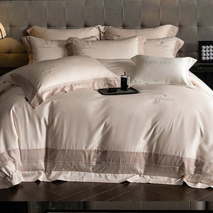 VILZSTUDIOS Blush pink, ivory cream and light gray satin bedding set with eyelet lace borders and embroidered crests