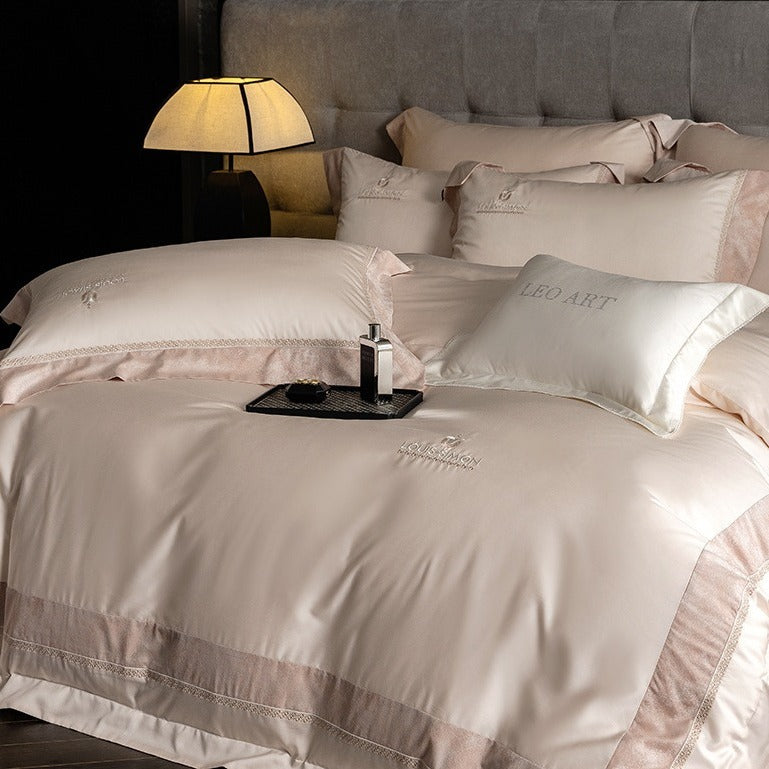 VILZSTUDIOS Blush pink, ivory cream and light gray satin bedding set with eyelet lace borders and embroidered crests