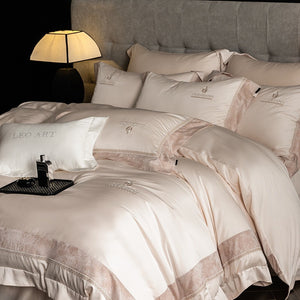 VILZSTUDIOS Blush pink, ivory cream and light gray satin bedding set with eyelet lace borders and embroidered crests
