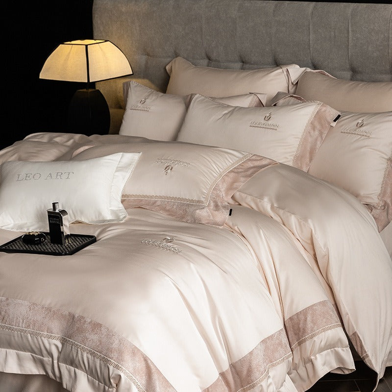 VILZSTUDIOS Blush pink, ivory cream and light gray satin bedding set with eyelet lace borders and embroidered crests