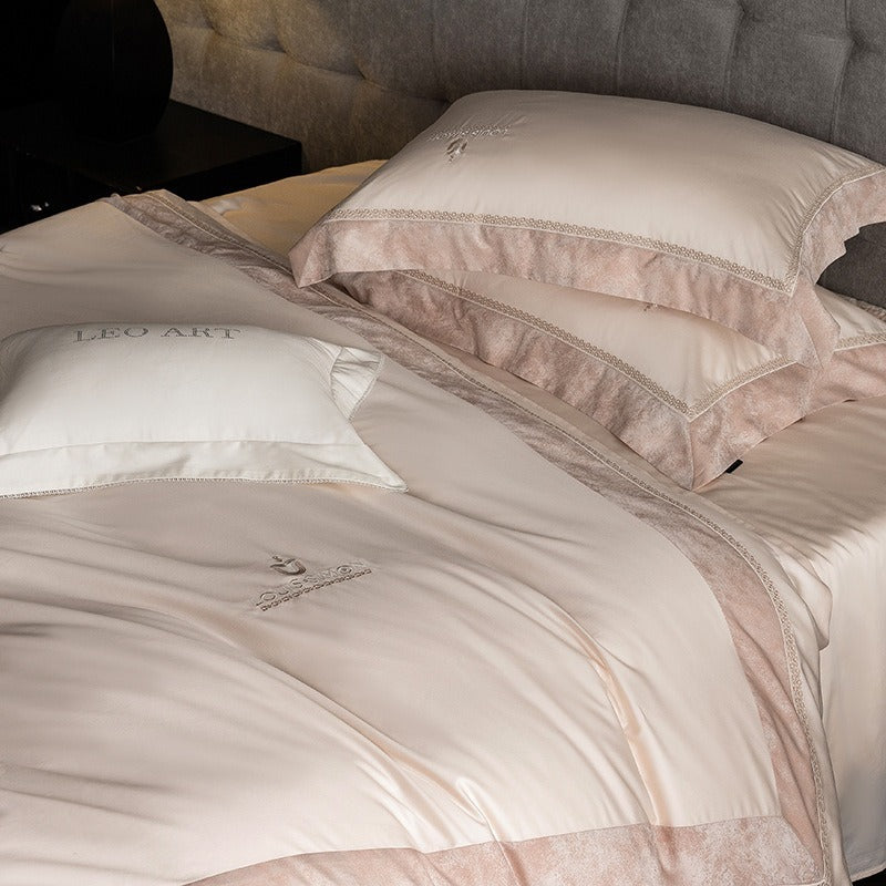 VILZSTUDIOS Blush pink, ivory cream and light gray satin bedding set with eyelet lace borders and embroidered crests