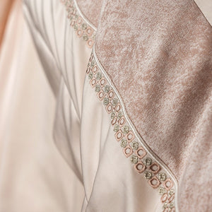 VILZSTUDIOS Blush pink, ivory cream and light gray satin bedding set with eyelet lace borders and embroidered crests