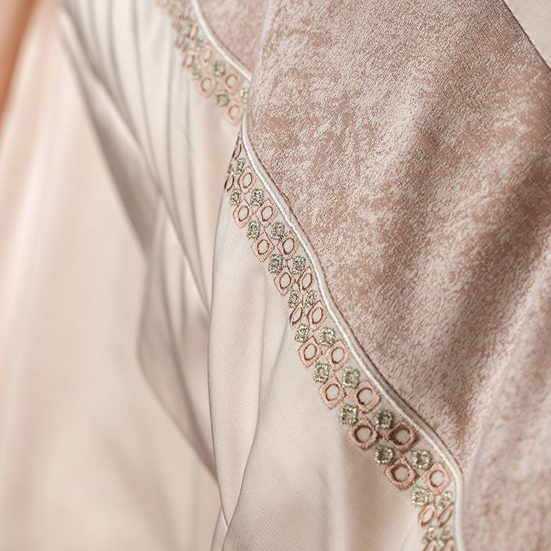 VILZSTUDIOS Blush pink, ivory cream and light gray satin bedding set with eyelet lace borders and embroidered crests