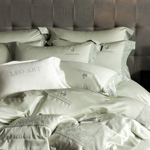VILZSTUDIOS Blush pink, ivory cream and light gray satin bedding set with eyelet lace borders and embroidered crests