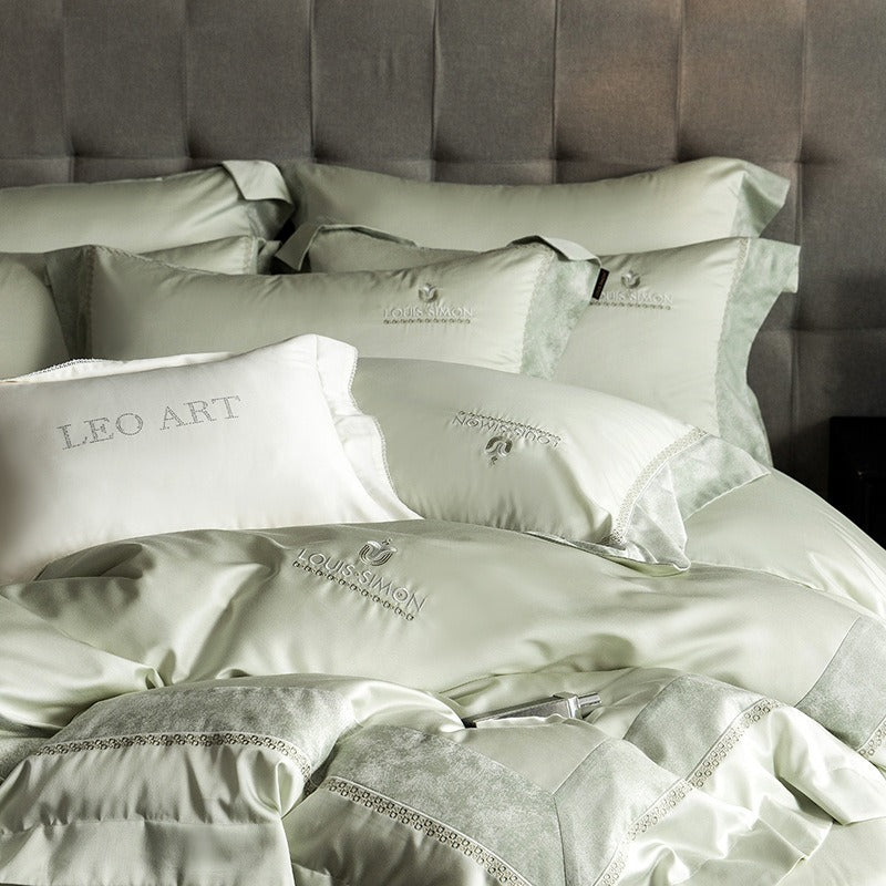 VILZSTUDIOS Blush pink, ivory cream and light gray satin bedding set with eyelet lace borders and embroidered crests