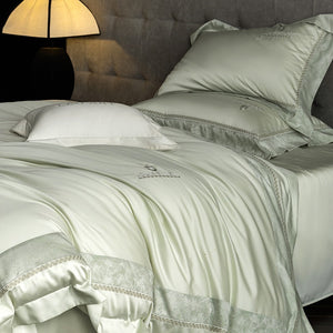 VILZSTUDIOS Blush pink, ivory cream and light gray satin bedding set with eyelet lace borders and embroidered crests