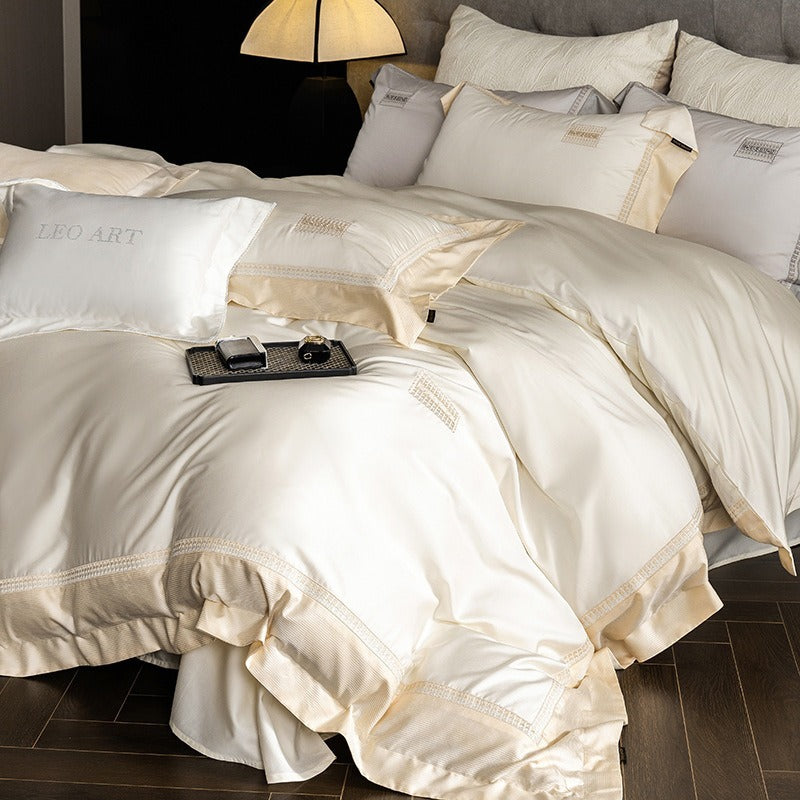 VILZSTUDIOS Blush pink, ivory cream and light gray satin bedding set with eyelet lace borders and embroidered crests