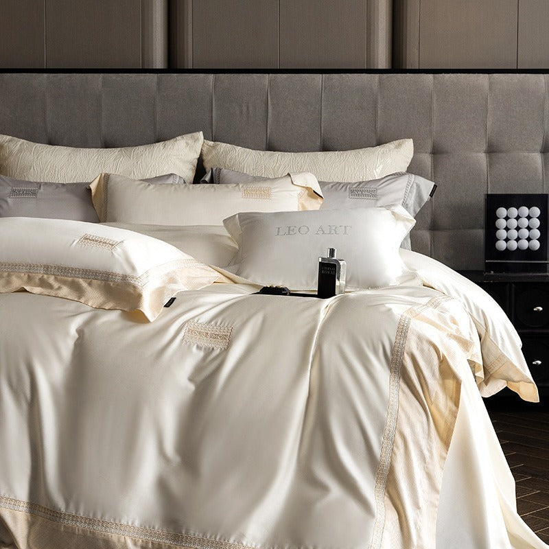 VILZSTUDIOS Blush pink, ivory cream and light gray satin bedding set with eyelet lace borders and embroidered crests