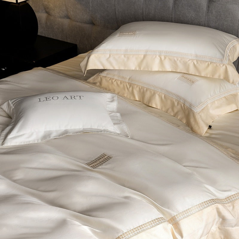 VILZSTUDIOS Blush pink, ivory cream and light gray satin bedding set with eyelet lace borders and embroidered crests