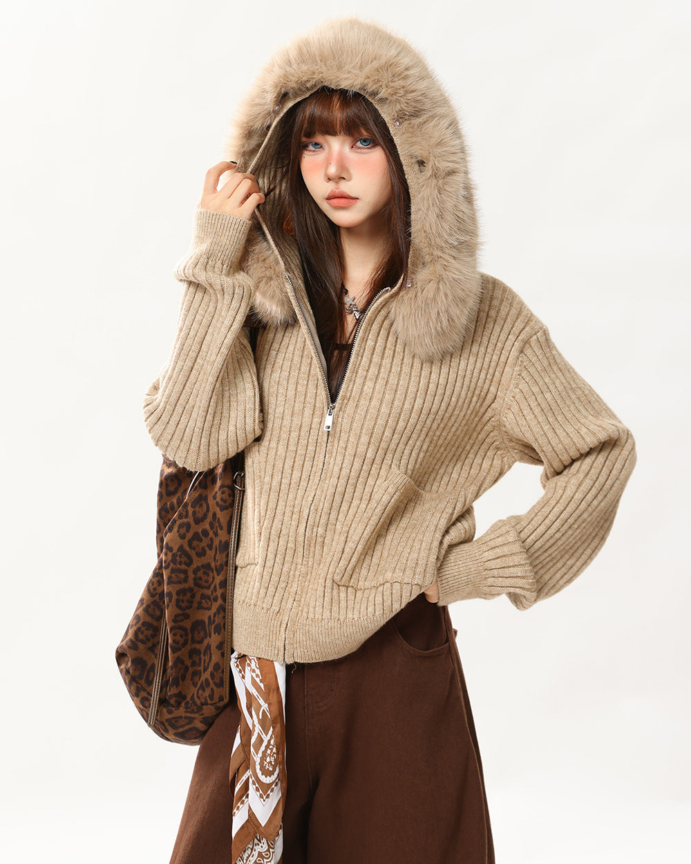 VILZSTUDIOS Faux-fur hooded zip jacket