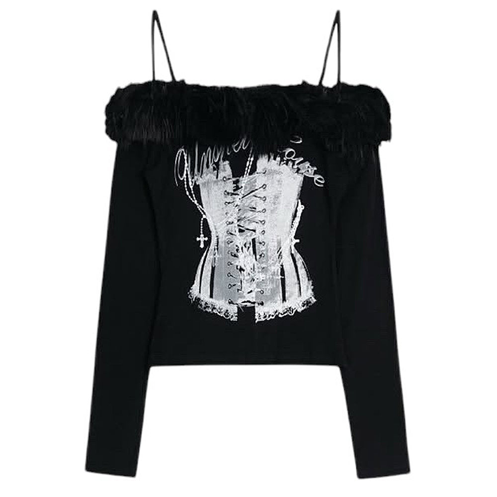 VILZSTUDIOS Trendy off-shoulder top with faux fur and corset print