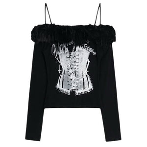 VILZSTUDIOS Trendy off-shoulder top with faux fur and corset print