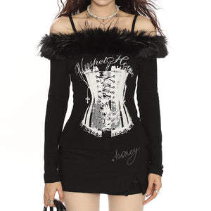 VILZSTUDIOS Trendy off-shoulder top with faux fur and corset print