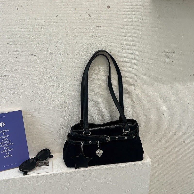 VILZSTUDIOS faux suede shoulder bag with heart charm